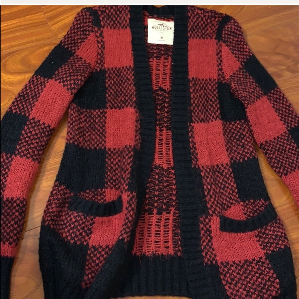 Hollister Black and Red Plaid Cardigan